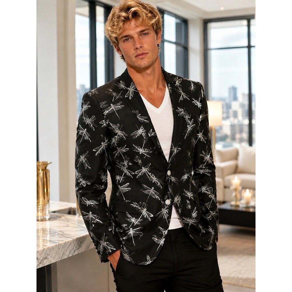 Tallia Blazer Men 44S Black Dragonfly SlimFit Jacquard DinnerJacket Metal Button